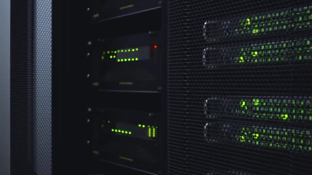 Network server room with racks in data center. Blink Led lamp. Dark server room. — Stock Video