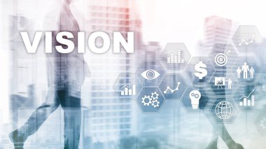 Vizyon kavramı. İş adamları ve arka plan üzerinde modern şehir. Sanal ekran karışık teknik.