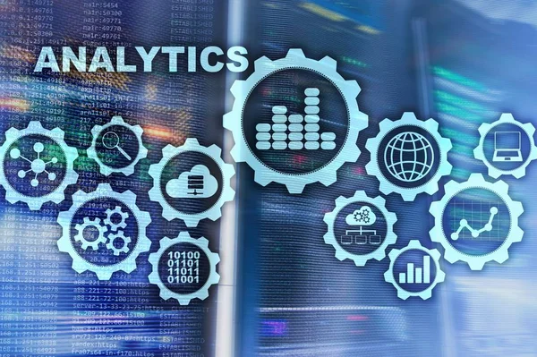 Technology Analytics concept on virtual screen. Big data with graph icons on a digital screen interface and a server room background. — Stock Photo, Image