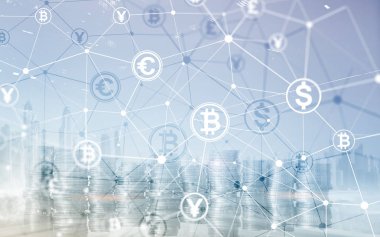 Bitcoin Euro doları Finans Web para kavramı. sanal ekran çift pozlama üzerinde oins.