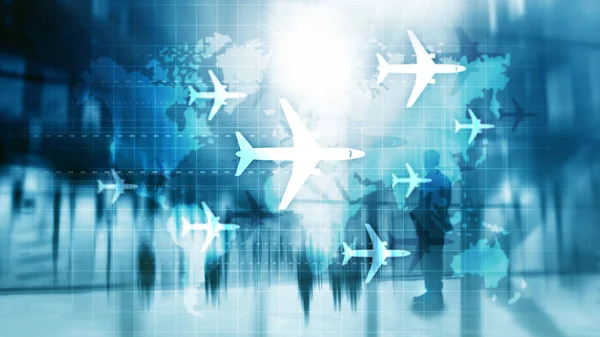 空の旅の概念。世界地図上の飛行機ぼやけビジネスの背景 — ストック写真