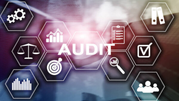 Audit business and finance concept. nalysis Annual Financial Statements, Analyze return on investment. Mixed media abstract background.