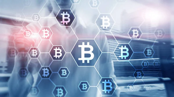 Bitcoin, Blockchain-Konzept auf Serverraum-Hintergrund. — Stockfoto