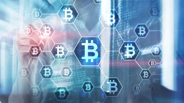 Bitcoin, Blockchain-Konzept auf Serverraum-Hintergrund. — Stockfoto