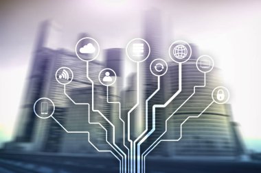 Bulanık iş merkezi zemin üzerine telekomünikasyon ve çok kavramı.