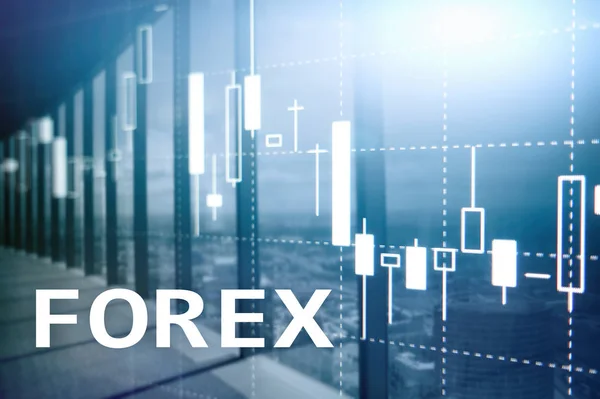 Forex trading, financial candle chart and graphs on blurred business center background. — Stock Photo, Image
