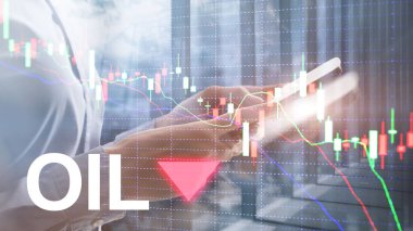 Petrol trendi düştü. Mum grafik Petrol varil ve soyut iş arka plan üzerinde bir mali grafik. Fiyat petrol aşağı. Namlu oku aşağı. 3.