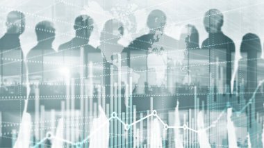 Evrensel arka plan. Siluetleri iş adamları. Ekonomik büyüme grafik grafik. Çift pozlama karışık teknik