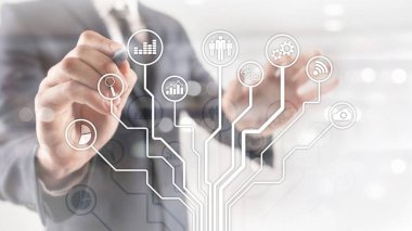 İş uygulamaları simgeleri arka plan bulanık. Finans ve ticaret. Internet teknoloji kavramı.