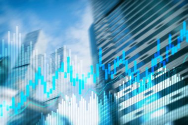 Bulanık ofis merkezi arkaplanındaki borsa şamdanı şeması ve şemalar.