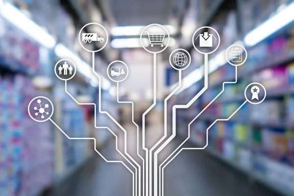 Csatornák-E-commerce Shopping Marketingautomatizálás a kiskereskedelmi koncepció elmosódott háttér szupermarket — Stock Fotó