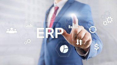 ERP system, Enterprise resource planning on blurred background. Business automation and innovation concept. clipart