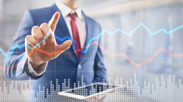 Business Financial Trading Investment Konzept Graphen Virtuellen Bildschirm Doppelbelichtung — Stockfoto