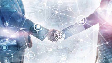 ICT - bilgi ve telekomünikasyon teknolojisi ve çok - Internet şeyler kavramları. Sunucu odası arka simgeleri ile diyagramları.