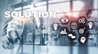 İş çözümleri, başarı ve strateji kavramı. Çözümlerle birlikte iş sürecinin sanal diyagramının yapılandırılması.