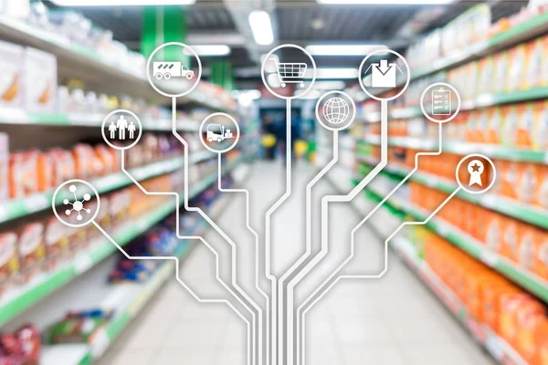 Csatornák Commerce Shopping Marketingautomatizálás Kiskereskedelmi Koncepció Elmosódott Háttér Szupermarket — Stock Fotó