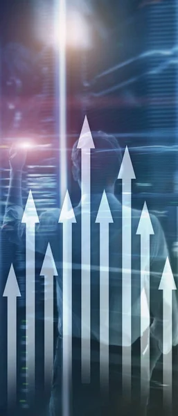 Vertical Panorama Banner Arrow Graph Skyscraper Background Invesment Financial Growth — Stock Photo, Image