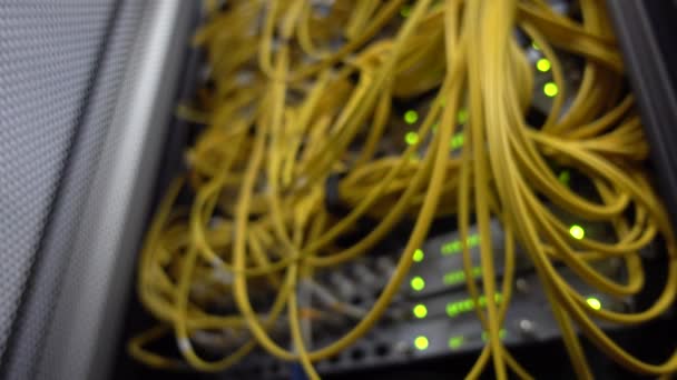 Волоконно-оптичні жовті кабелі. Стійки датацентру. Блінк Грін під керівництвом. Розмитий суперкомп'ютер. Відео містить легкий шум і мерехтіння . — стокове відео