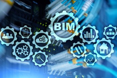 Bina Bilgileri Modelleme. Sanal ekranda sunucu veri merkezi arkaplanlı BIM