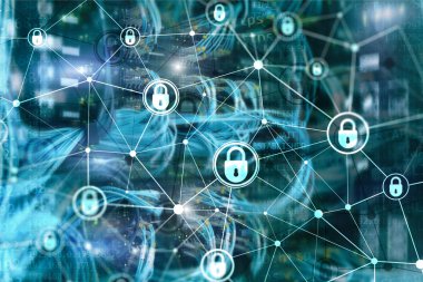 Siber güvenlik, bilgi gizliliği, modern sunucu odası arka planında veri koruma kavramı. İnternet ve dijital teknoloji kavramı