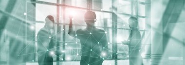 Siluetleri Cityscape arka plan üzerinde iş adamları. Kurumsal yaşam tarzı. Evrensel duvar kağıdı kavramı.