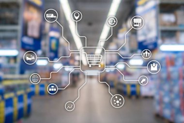 E-ticaret alışveriş otomasyon kavramı bulanık süpermarket arka plan üzerinde perakende pazarlama kanalları