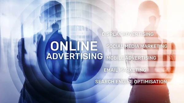 Online advertising, Digital marketing. Business and finance concept on virtual screen. — Stock Photo, Image