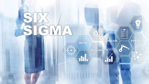Sex Sigma, tillverkning, kvalitetskontroll och industriprocessförbättrande koncept. Företag, internet och tehknologi — Stockfoto