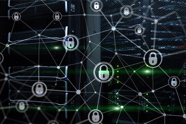 Siber güvenlik, bilgi gizliliği, modern sunucu odası arka planında veri koruma kavramı. İnternet ve dijital teknoloji kavramı.