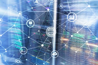 ICT - bilgi ve telekomünikasyon teknolojisi ve çok - Internet şeyler kavramları. Sunucu odası arka simgeleri ile diyagramları