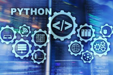 Python programlama dili sunucu Oda arka plan üzerinde. İş akışı soyut algoritma kavramı sanal ekran üzerinde programlama