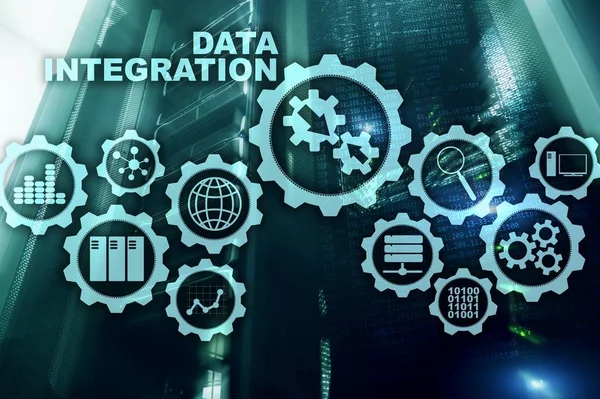 Integración de datos Business Information Technology Concept en el fondo de la sala de servidores —  Fotos de Stock