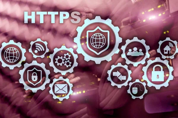 HTTPS. Protocolo de transporte de hipertexto seguro. Concepto de tecnología en el fondo de la sala de servidores. Icono virtual para el servicio web de seguridad de red —  Fotos de Stock