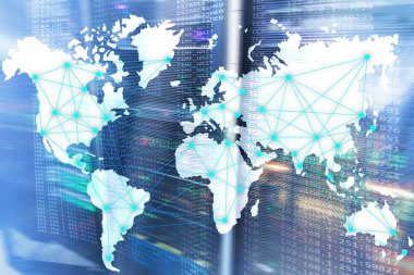 Dünya harita sunucu Oda arka plan üzerinde Internet ve telekomünikasyon konseptiyle.