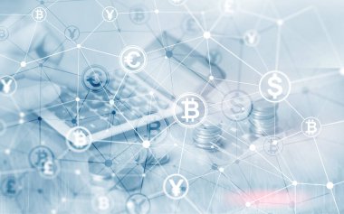 Bitcoin Euro Dolar Finans Web Para kavramı. sanal ekranda mera çift pozlama.