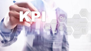 KPI - Anahtar Performans Göstergesi. İş ve teknoloji kavramı. Çoklu maruz kalma, karışık medya. Bulanık arka planda mali konsept.
