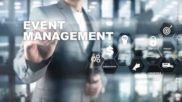 �Event management Concept. Event management flowchart. Event management related items. Mixed media business.
