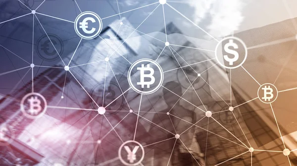 Double exposure Bitcoin and blockchain concept. Digital economy and currency trading. — Stock Photo, Image