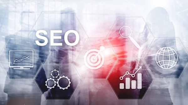 SEO - Optimisation des moteurs de recherche, Marketing numérique et concept de technologie Internet sur fond flou. — Photo