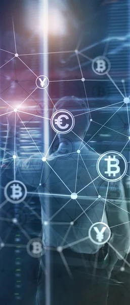 Bandeira de Panorama Vertical. Dupla exposição Bitcoin e conceito blockchain. Economia digital e comércio de moeda . — Fotografia de Stock