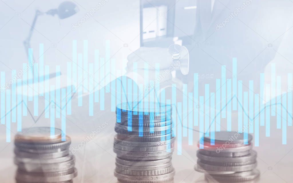 �andle chart. Business analysis, financial investment concept. Economic trend and blurred background with financial graph on virtual screen.