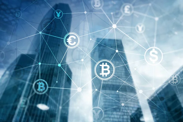 Double exposure Bitcoin and blockchain concept. Digital economy and currency trading. — Stock Photo, Image