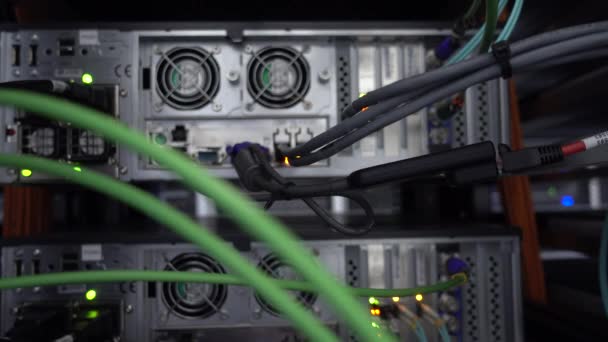 Migający przełącznik sieciowy Ethernet z połączonymi kablami w serwerowej sali. — Wideo stockowe
