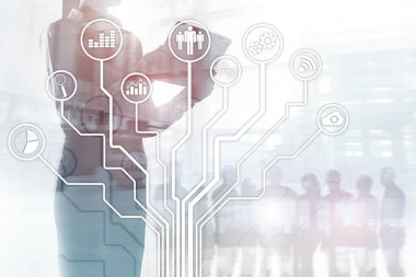 İş uygulamaları simgeleri arka plan bulanık. Finans ve ticaret. Internet teknoloji kavramı