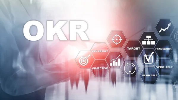 OKR - objectief kernresultaatconcept. Gemengde media op een virtuele gestructureerd scherm. Projectbeheer — Stockfoto