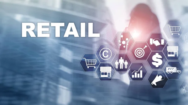 Retail Technology Communication Shopping Virtual Screen Concept. Marketing Data management. Futuristic Online shopping. Abstract Background.