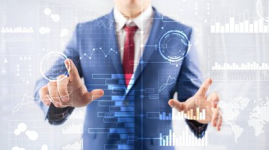 İş zekası. Diyagramı, grafik, hisse senedi Alım Satım, yatırım Pano, şeffaf arka plan bulanık.