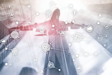 Sanal ekranda teknoloji endüstriyel iş akışı organizasyon yapısı. IOT akıllı endüstri konsepti karışık medya diyagramı.