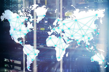 Dünya harita sunucu Oda arka plan üzerinde Internet ve telekomünikasyon konseptiyle
