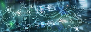 Universal Electronics Technology arka planı. Küresel iş Internet kavramı. Sunucu raf bulanık arka plan